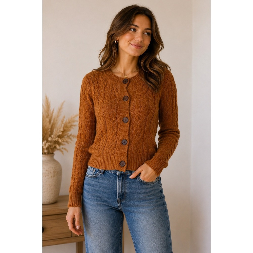 SSomething Navy Mustard Cable Knit Cropped Cardigan Button Front Wool Blend XS